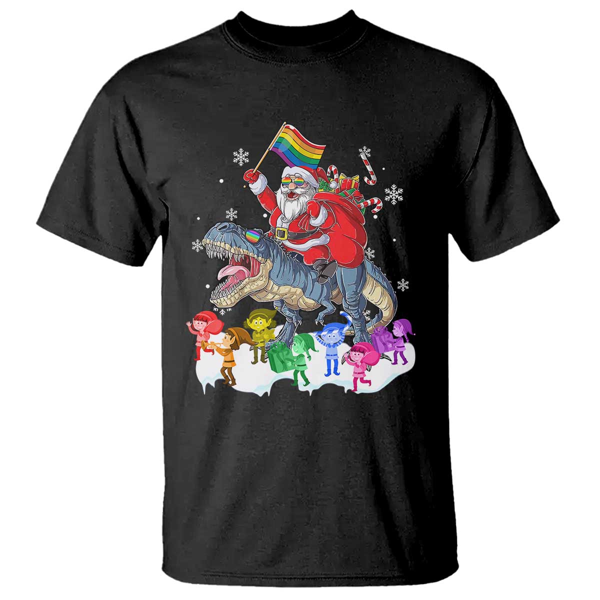 Funny Christmas LGBT T Shirt Rainbow Flag Santa Riding Dinosaur - Wonder Print Shop