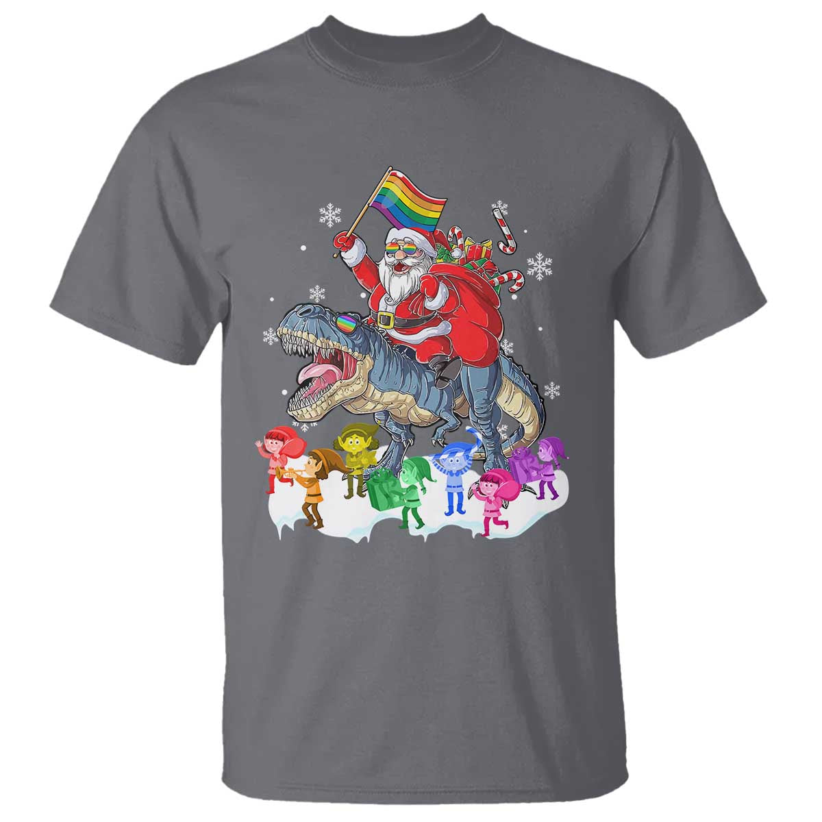 Funny Christmas LGBT T Shirt Rainbow Flag Santa Riding Dinosaur - Wonder Print Shop