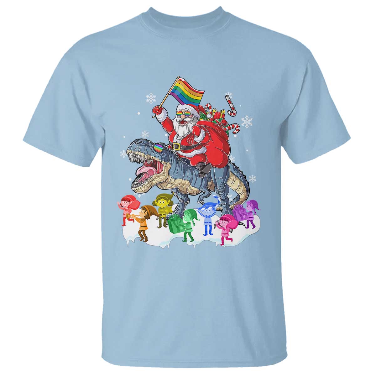 Funny Christmas LGBT T Shirt Rainbow Flag Santa Riding Dinosaur - Wonder Print Shop