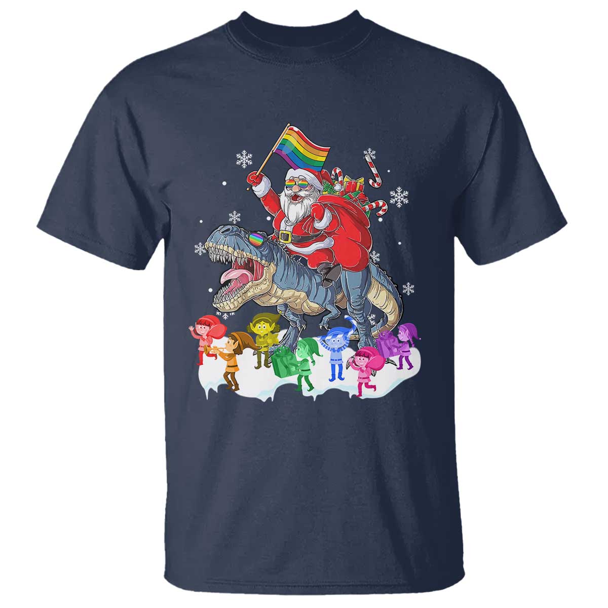 Funny Christmas LGBT T Shirt Rainbow Flag Santa Riding Dinosaur - Wonder Print Shop