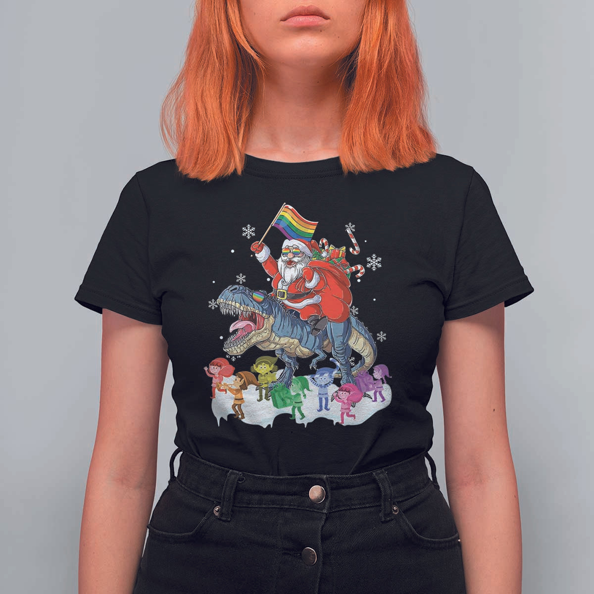 Funny Christmas LGBT T Shirt For Women Rainbow Flag Santa Riding Dinosaur - Wonder Print Shop