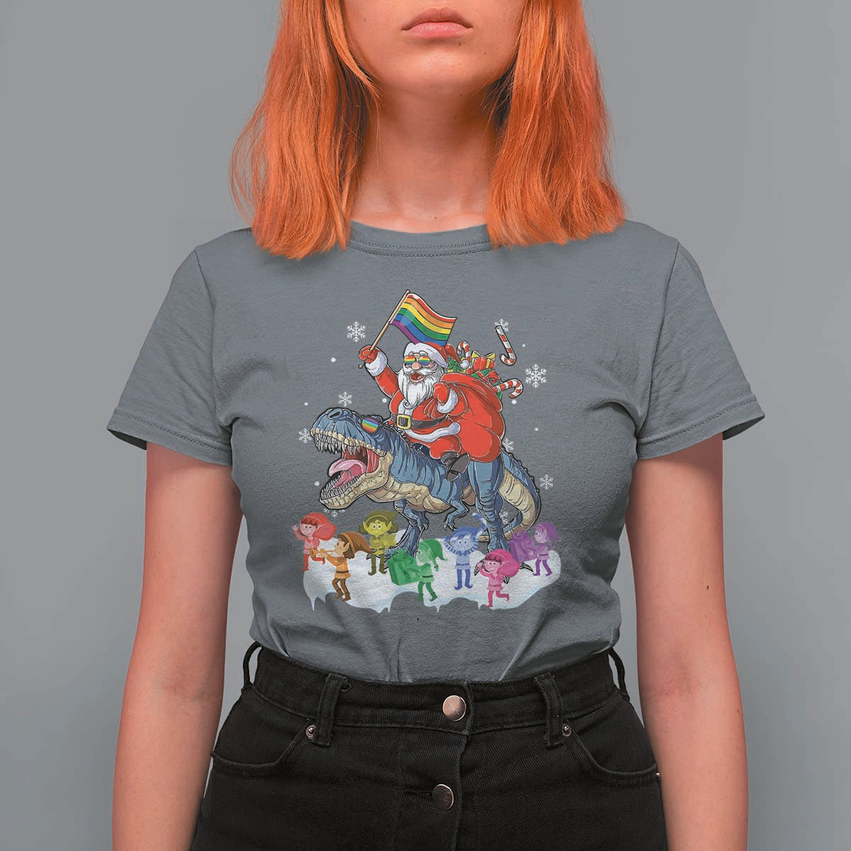 Funny Christmas LGBT T Shirt For Women Rainbow Flag Santa Riding Dinosaur - Wonder Print Shop