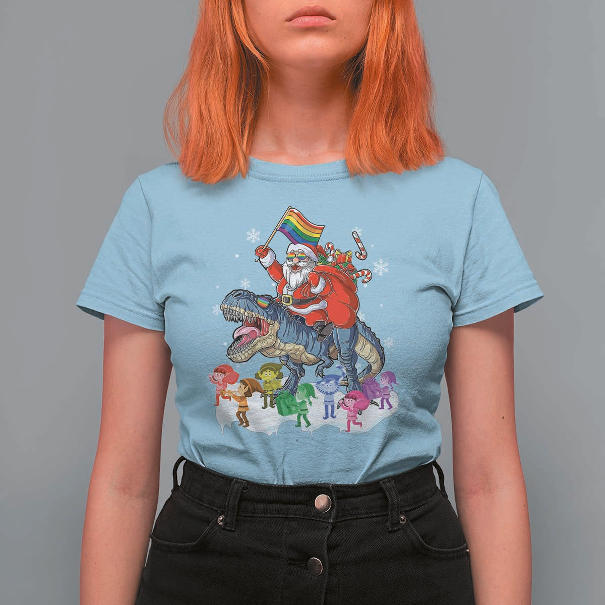 Funny Christmas LGBT T Shirt For Women Rainbow Flag Santa Riding Dinosaur - Wonder Print Shop