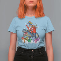 Funny Christmas LGBT T Shirt For Women Rainbow Flag Santa Riding Dinosaur - Wonder Print Shop