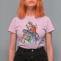 Funny Christmas LGBT T Shirt For Women Rainbow Flag Santa Riding Dinosaur - Wonder Print Shop