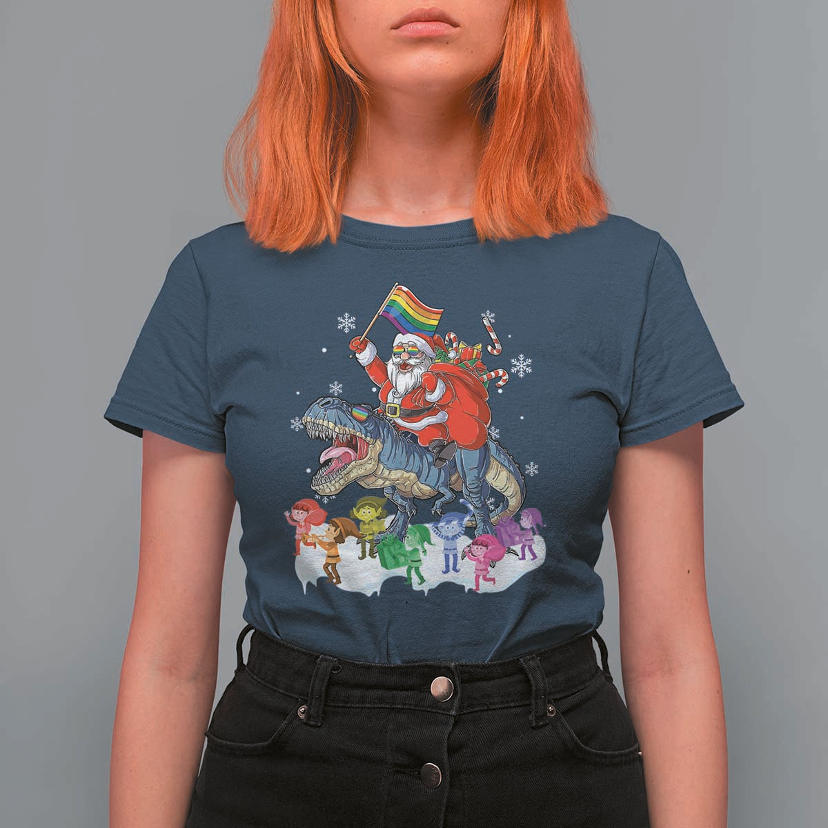 Funny Christmas LGBT T Shirt For Women Rainbow Flag Santa Riding Dinosaur - Wonder Print Shop