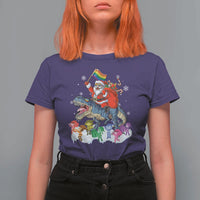 Funny Christmas LGBT T Shirt For Women Rainbow Flag Santa Riding Dinosaur - Wonder Print Shop