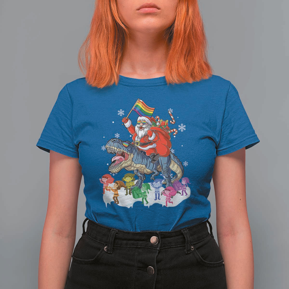 Funny Christmas LGBT T Shirt For Women Rainbow Flag Santa Riding Dinosaur - Wonder Print Shop