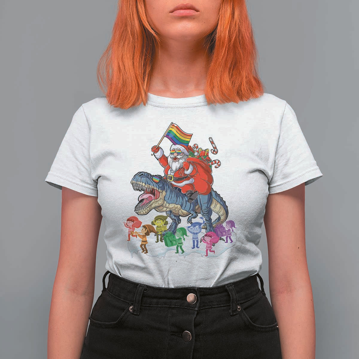 Funny Christmas LGBT T Shirt For Women Rainbow Flag Santa Riding Dinosaur - Wonder Print Shop