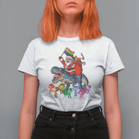 Funny Christmas LGBT T Shirt For Women Rainbow Flag Santa Riding Dinosaur - Wonder Print Shop