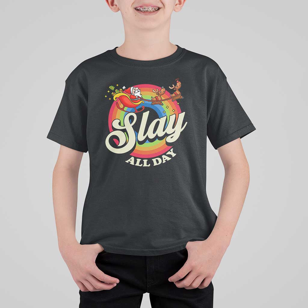 Funny Christmas LGBT T Shirt For Kid Slay All Day Sleigh Rainbow - Wonder Print Shop