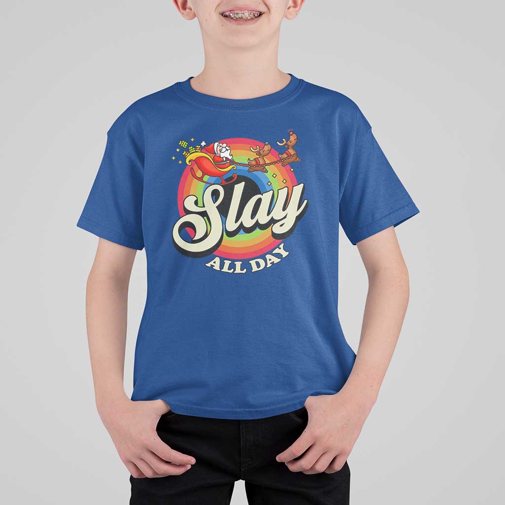 Funny Christmas LGBT T Shirt For Kid Slay All Day Sleigh Rainbow - Wonder Print Shop