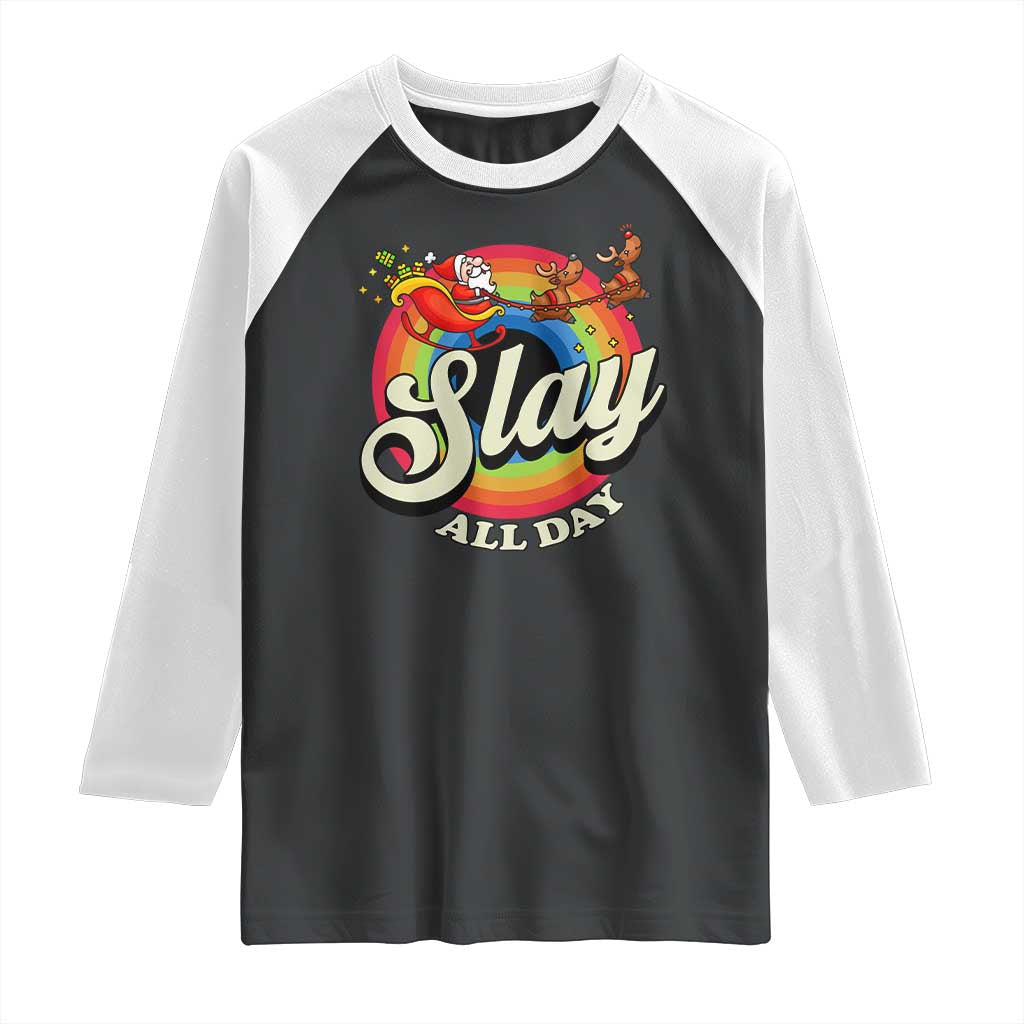 Funny Christmas LGBT Raglan Shirt Slay All Day Sleigh Rainbow