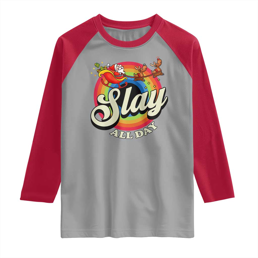 Funny Christmas LGBT Raglan Shirt Slay All Day Sleigh Rainbow