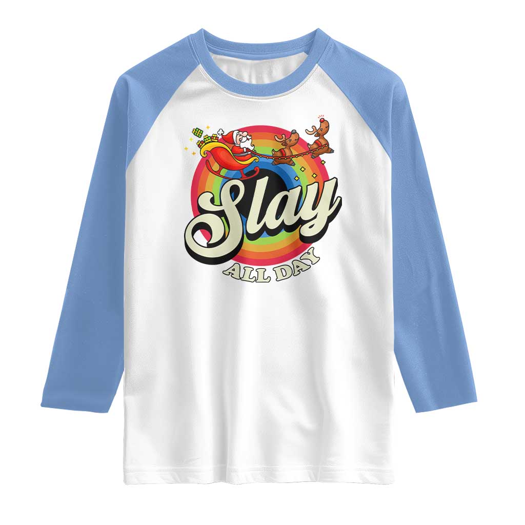 Funny Christmas LGBT Raglan Shirt Slay All Day Sleigh Rainbow