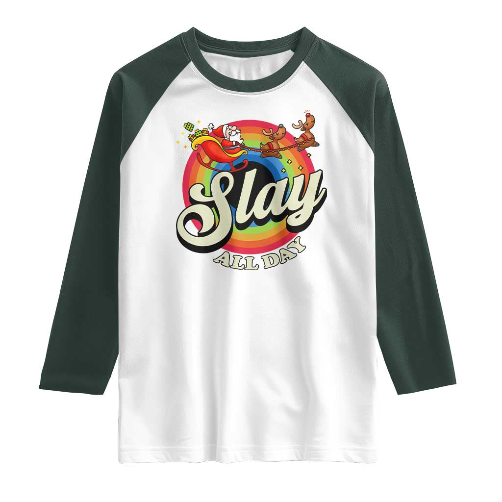 Funny Christmas LGBT Raglan Shirt Slay All Day Sleigh Rainbow