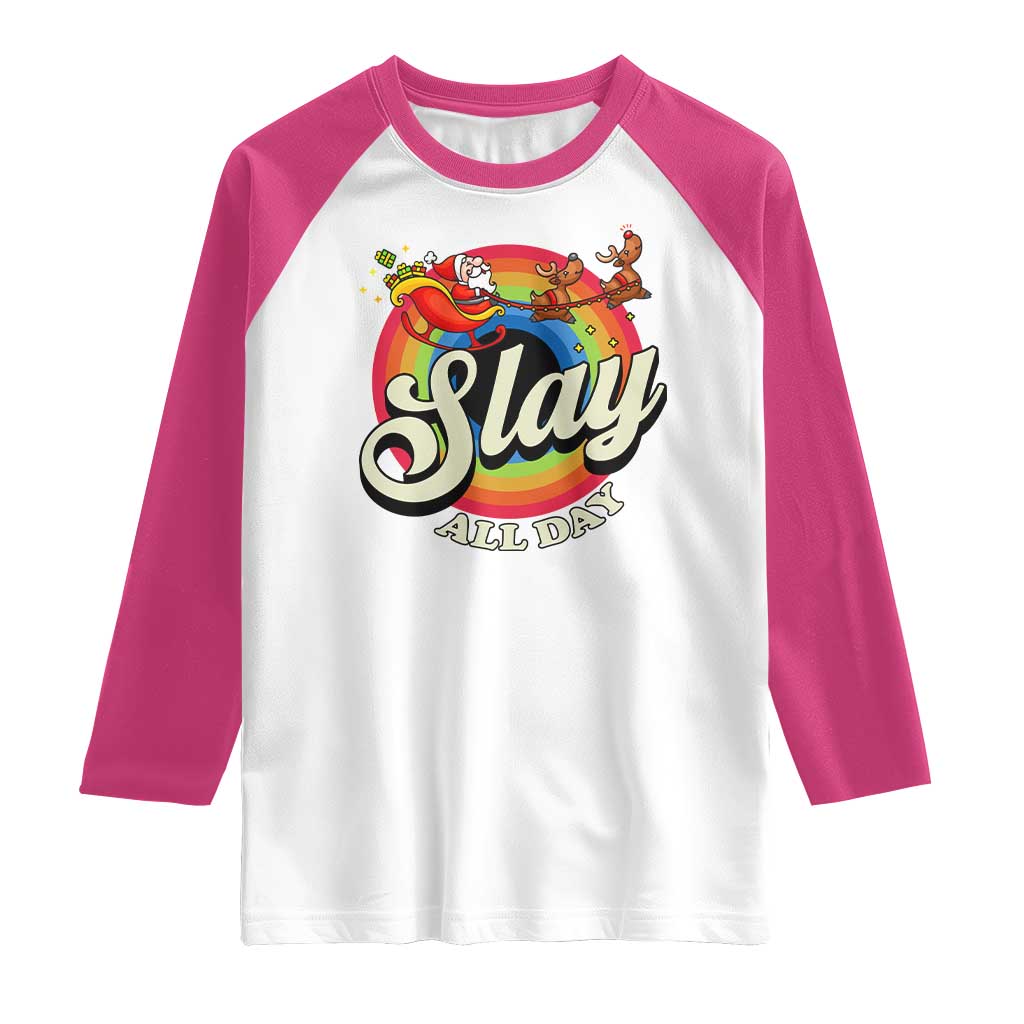 Funny Christmas LGBT Raglan Shirt Slay All Day Sleigh Rainbow