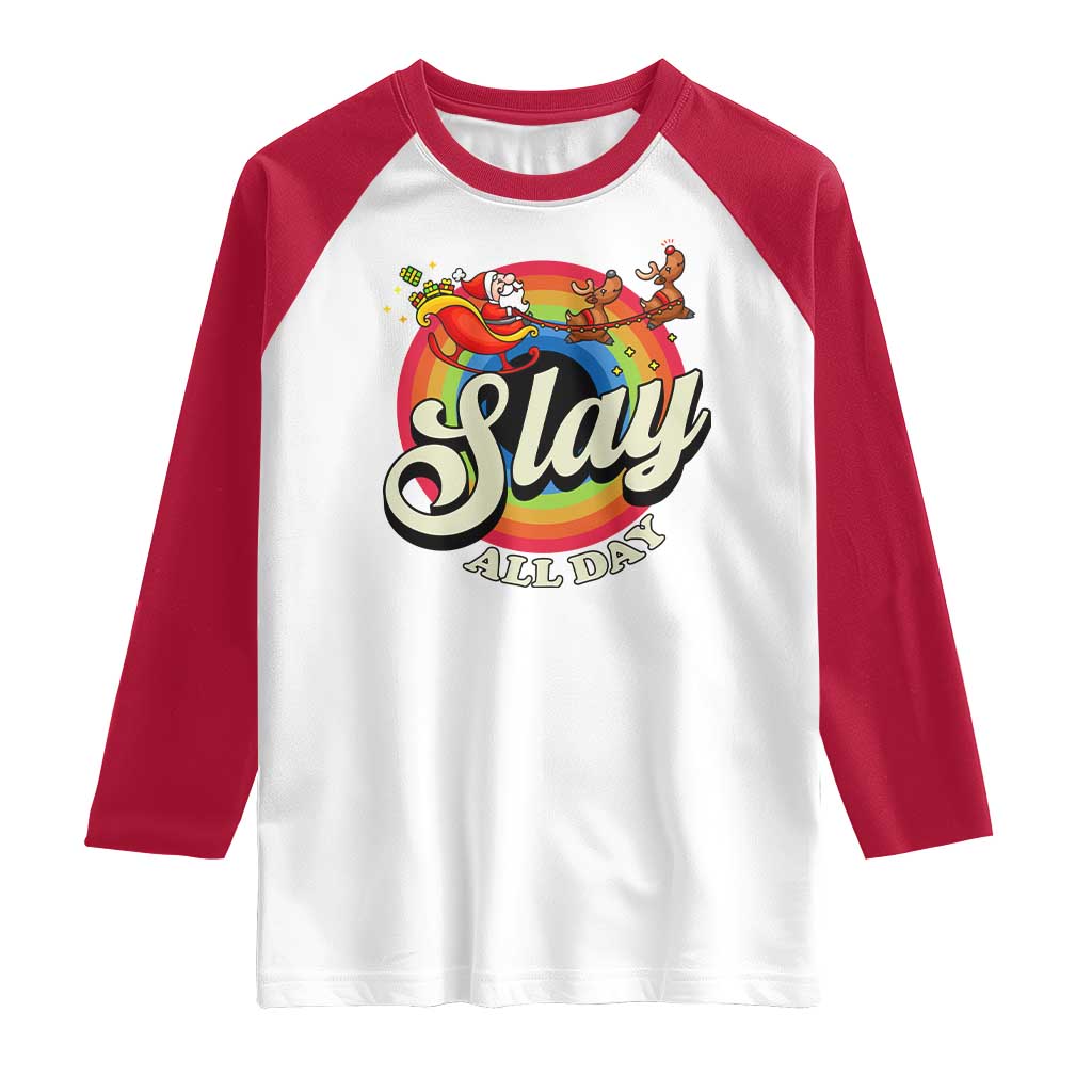 Funny Christmas LGBT Raglan Shirt Slay All Day Sleigh Rainbow