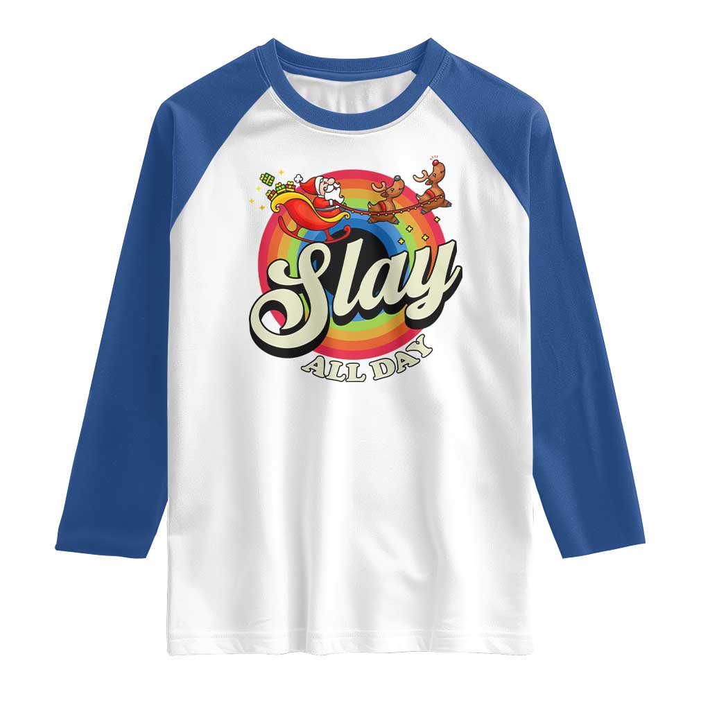Funny Christmas LGBT Raglan Shirt Slay All Day Sleigh Rainbow