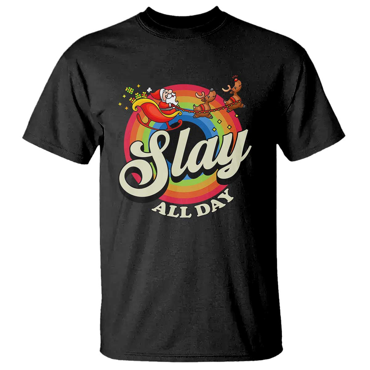 Funny Christmas LGBT T Shirt Slay All Day Sleigh Rainbow - Wonder Print Shop