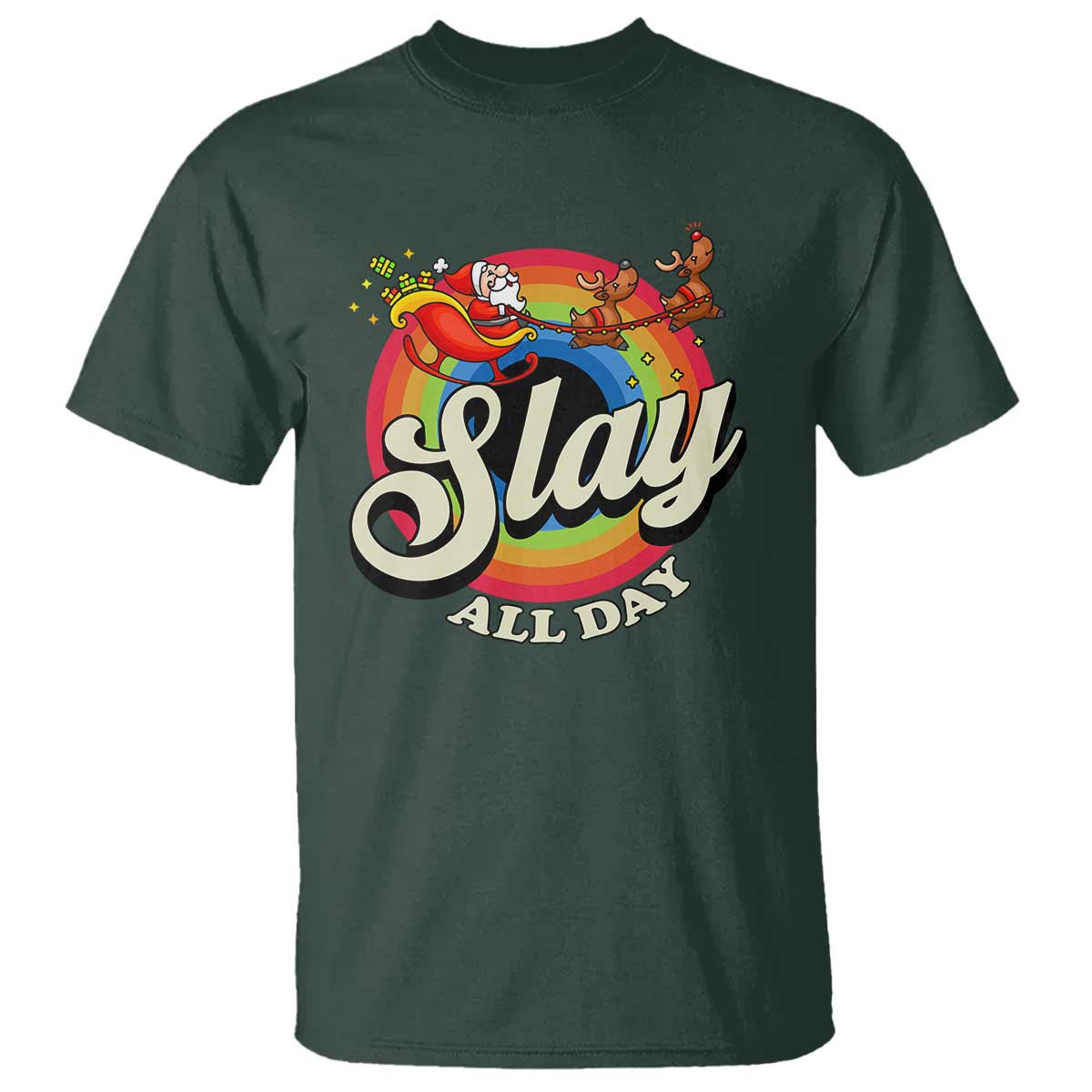 Funny Christmas LGBT T Shirt Slay All Day Sleigh Rainbow - Wonder Print Shop