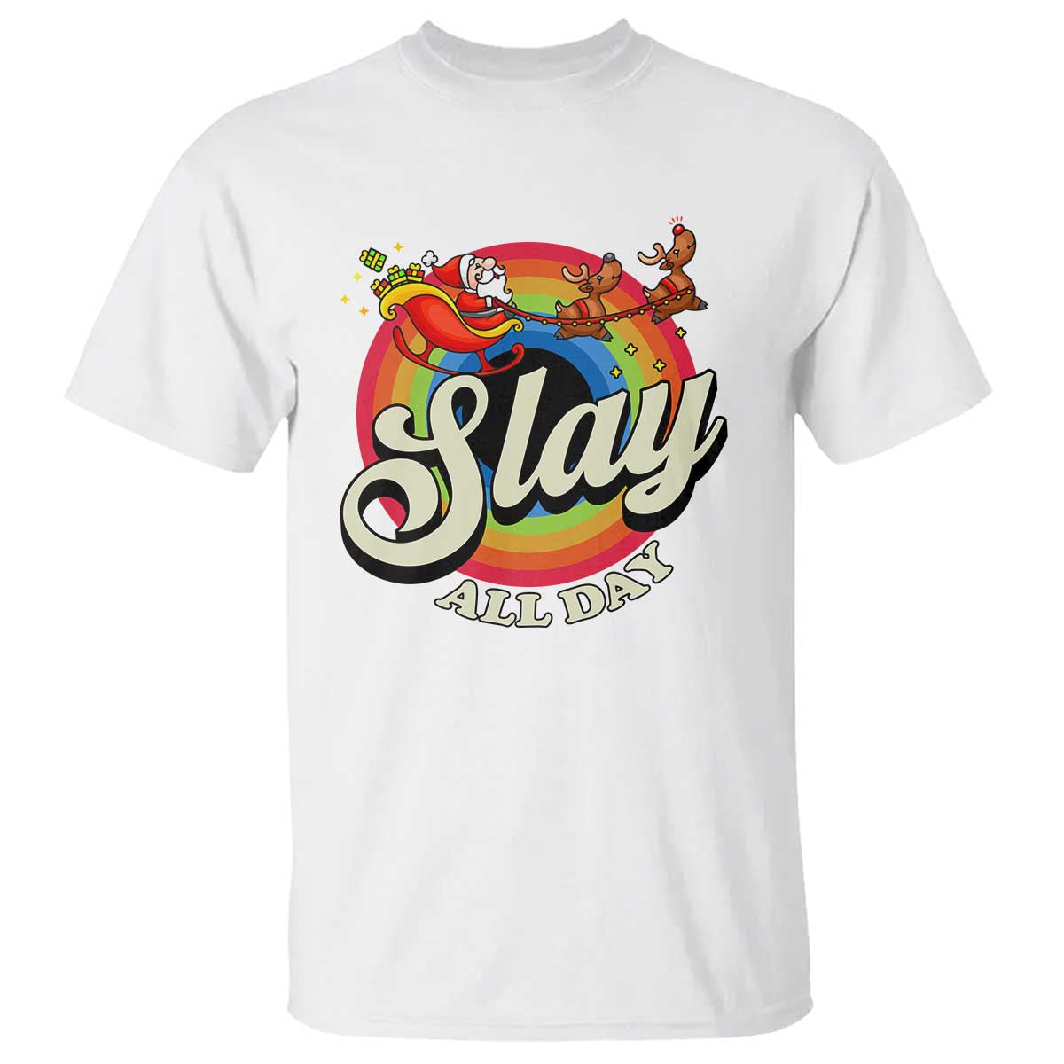 Funny Christmas LGBT T Shirt Slay All Day Sleigh Rainbow - Wonder Print Shop