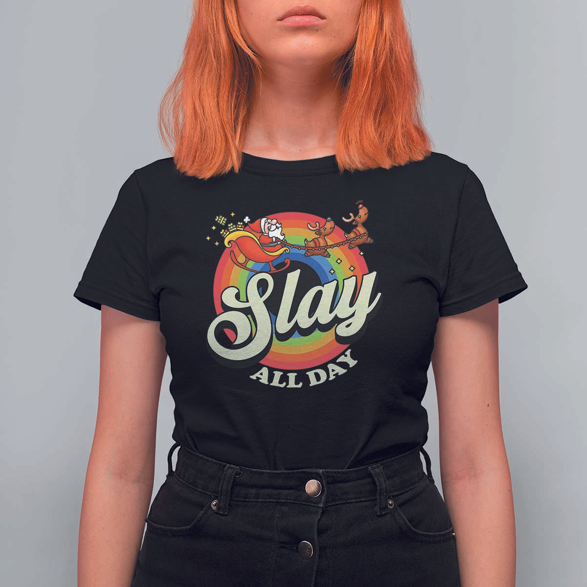Funny Christmas LGBT T Shirt For Women Slay All Day Sleigh Rainbow - Wonder Print Shop