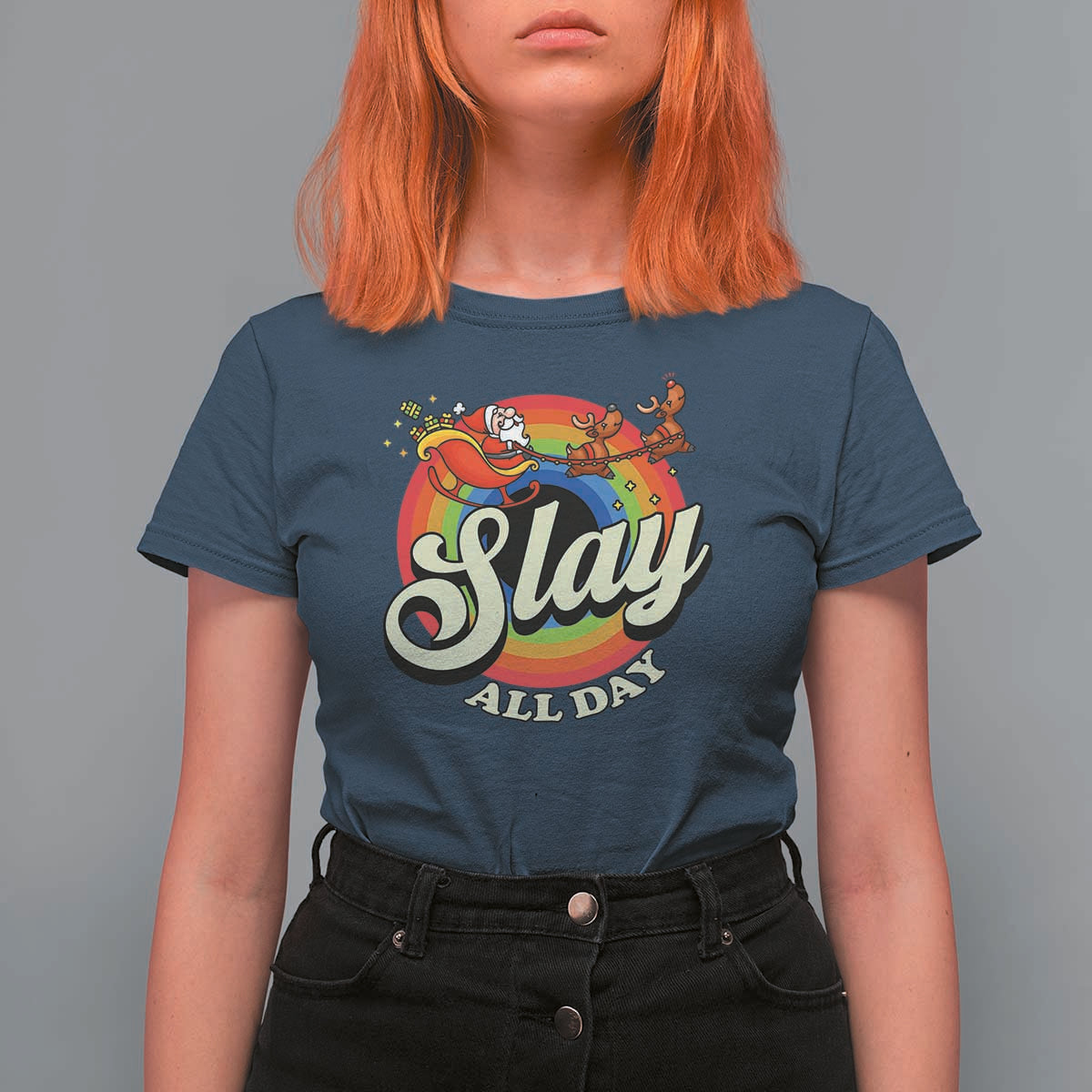 Funny Christmas LGBT T Shirt For Women Slay All Day Sleigh Rainbow - Wonder Print Shop