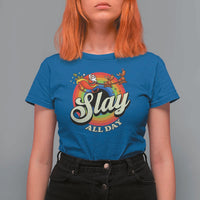 Funny Christmas LGBT T Shirt For Women Slay All Day Sleigh Rainbow - Wonder Print Shop