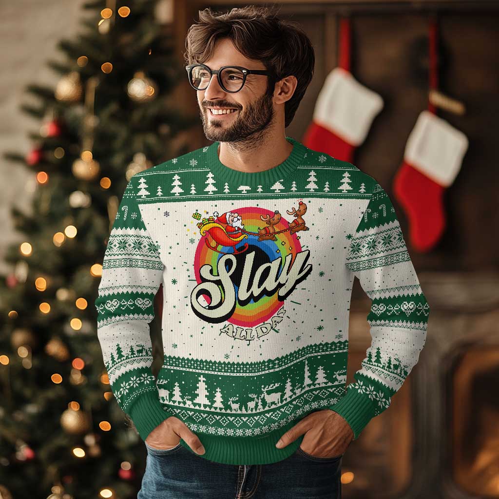 Funny Xmas LGBT Ugly Christmas Sweater Slay All Day Sleigh Rainbow - Wonder Print Shop