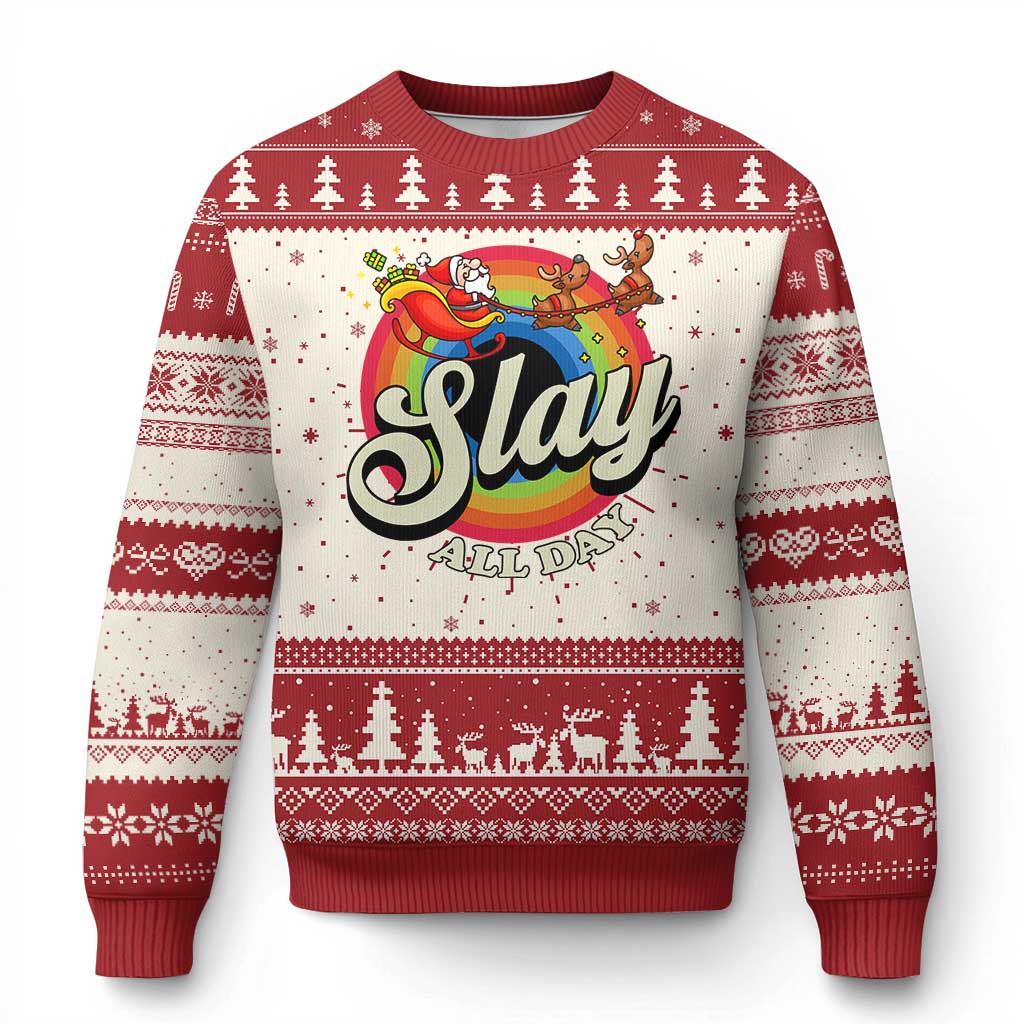 Funny Xmas LGBT Ugly Christmas Sweater Slay All Day Sleigh Rainbow - Wonder Print Shop