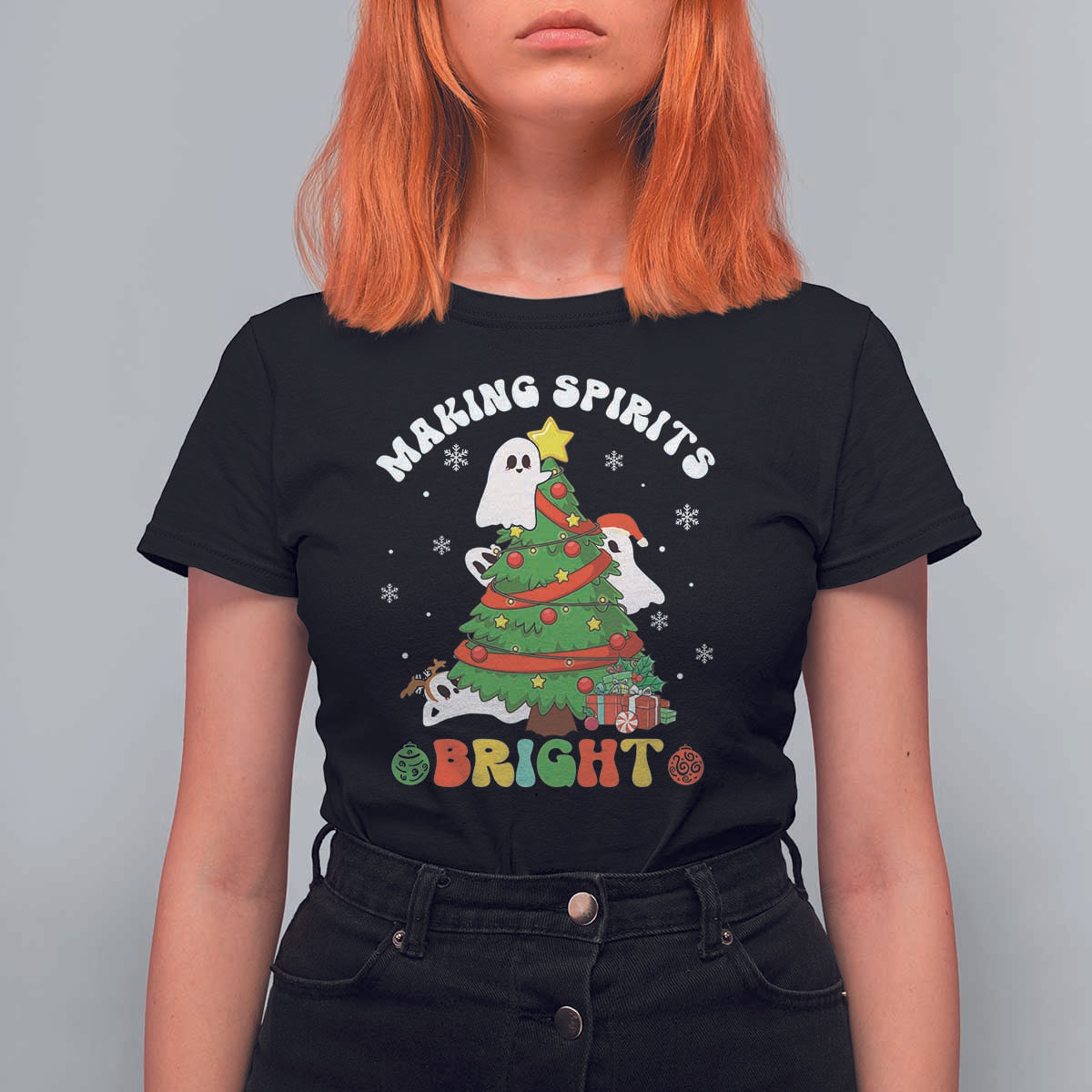 Gothic Xmas T Shirt For Women Making Spirits Bright Cute Ghost Christmas Tree - Wonder Print Shop