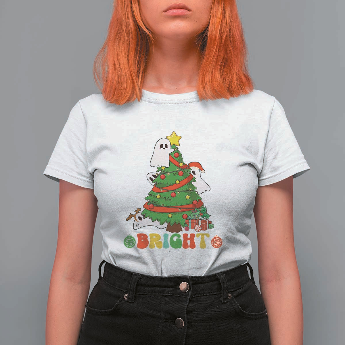 Gothic Xmas T Shirt For Women Making Spirits Bright Cute Ghost Christmas Tree - Wonder Print Shop