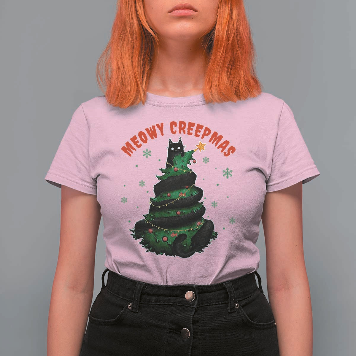 Gothic Xmas T Shirt For Women Meowy Creepmas Cat Christmas Tree - Wonder Print Shop