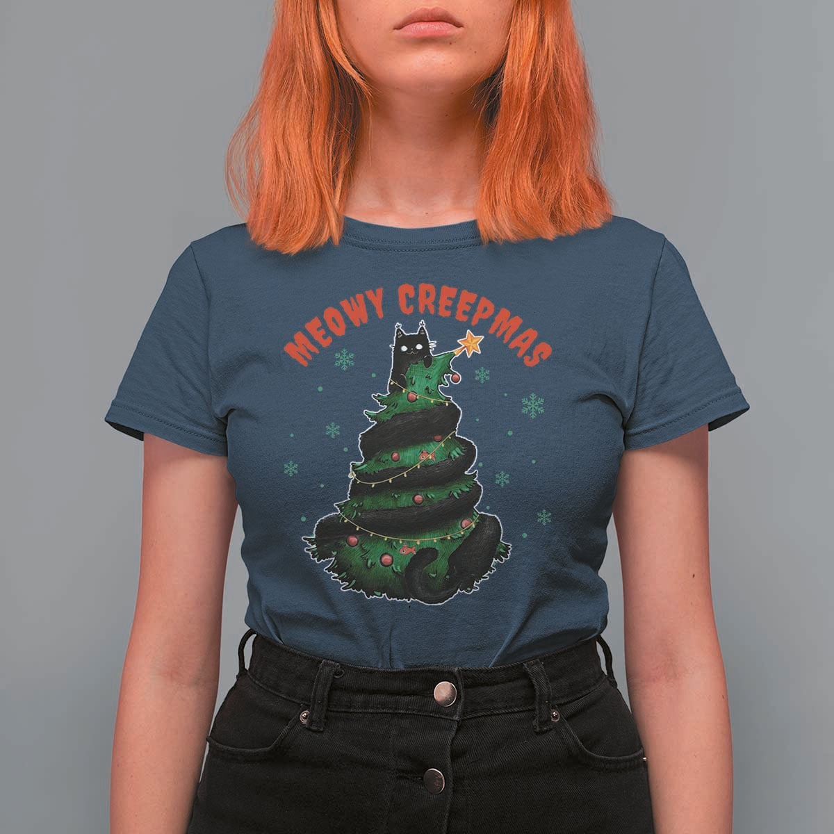 Gothic Xmas T Shirt For Women Meowy Creepmas Cat Christmas Tree - Wonder Print Shop