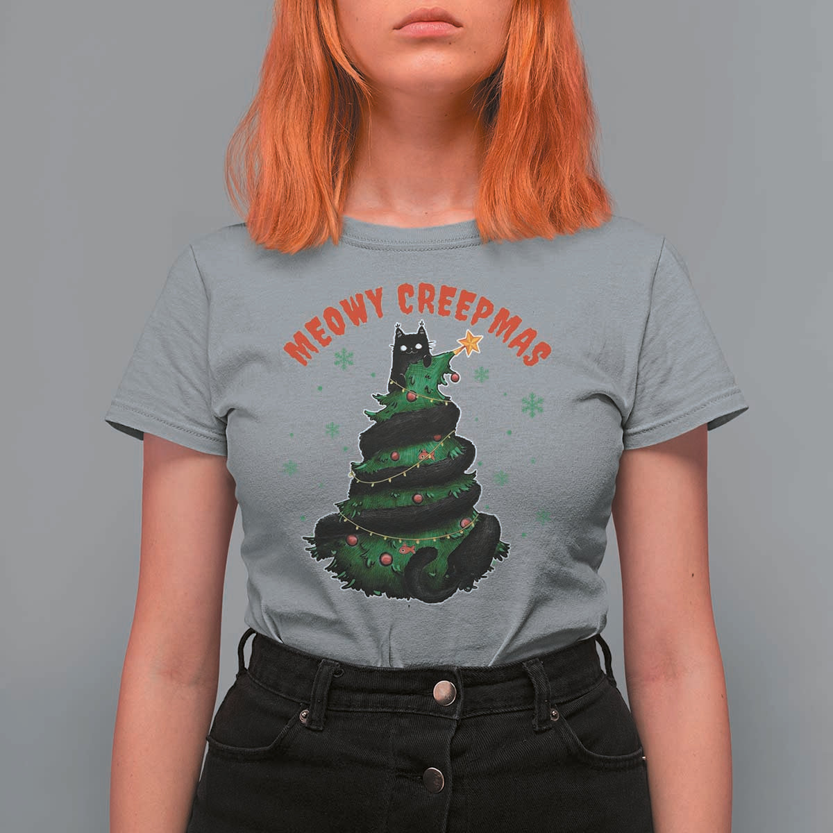 Gothic Xmas T Shirt For Women Meowy Creepmas Cat Christmas Tree - Wonder Print Shop