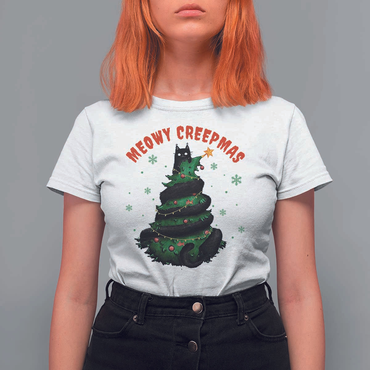 Gothic Xmas T Shirt For Women Meowy Creepmas Cat Christmas Tree - Wonder Print Shop