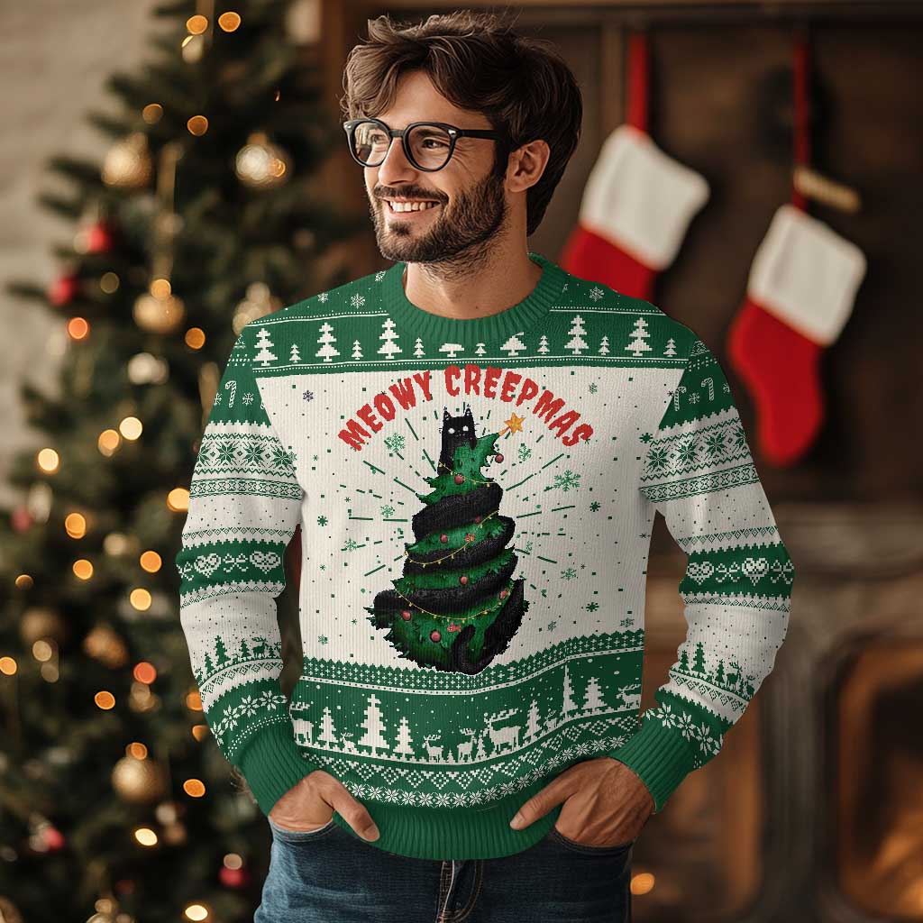 Gothic Xmas Ugly Christmas Sweater Meowy Creepmas Cat Christmas Tree - Wonder Print Shop