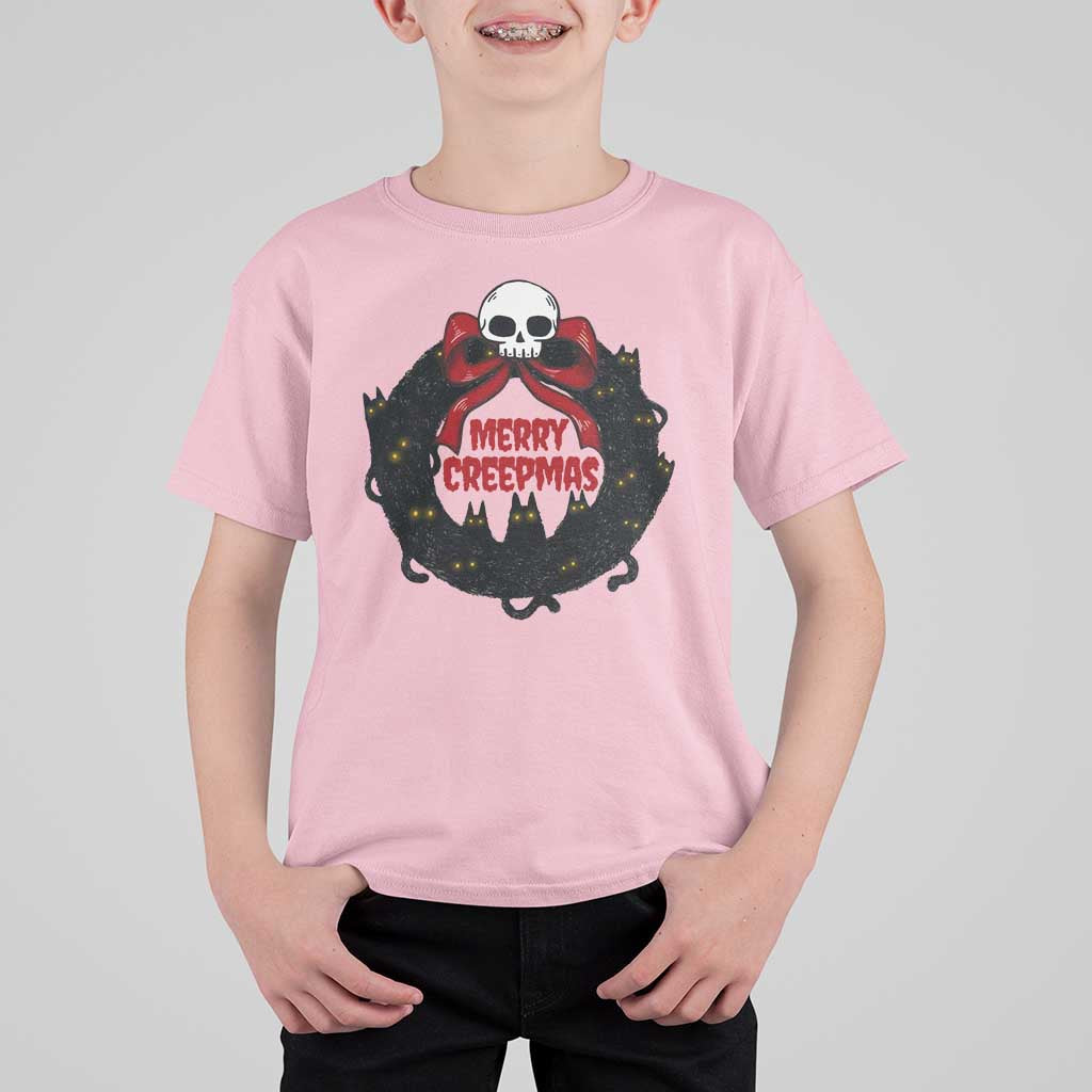 Gothic Christmas T Shirt For Kid Merry Creepmas Cat Wreath - Wonder Print Shop