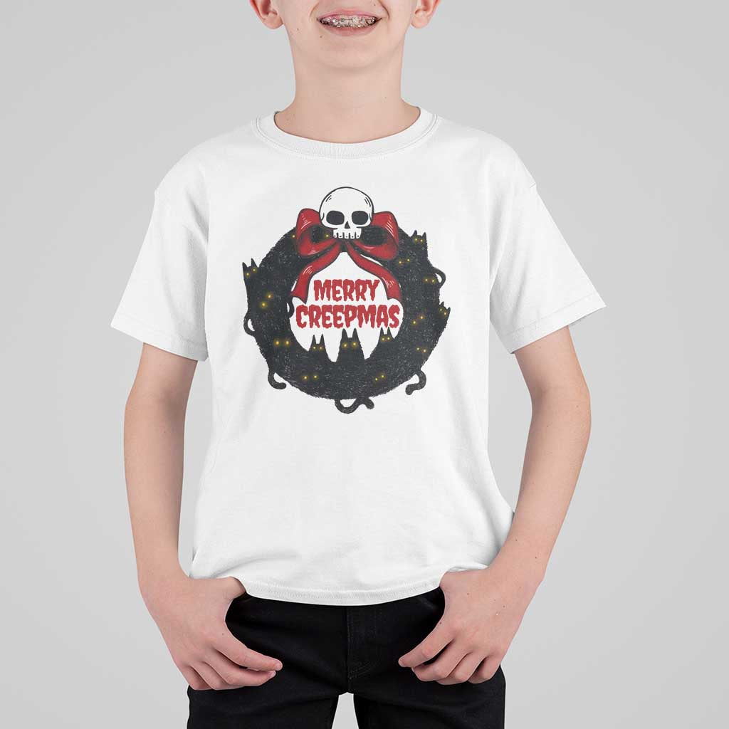 Gothic Christmas T Shirt For Kid Merry Creepmas Cat Wreath - Wonder Print Shop