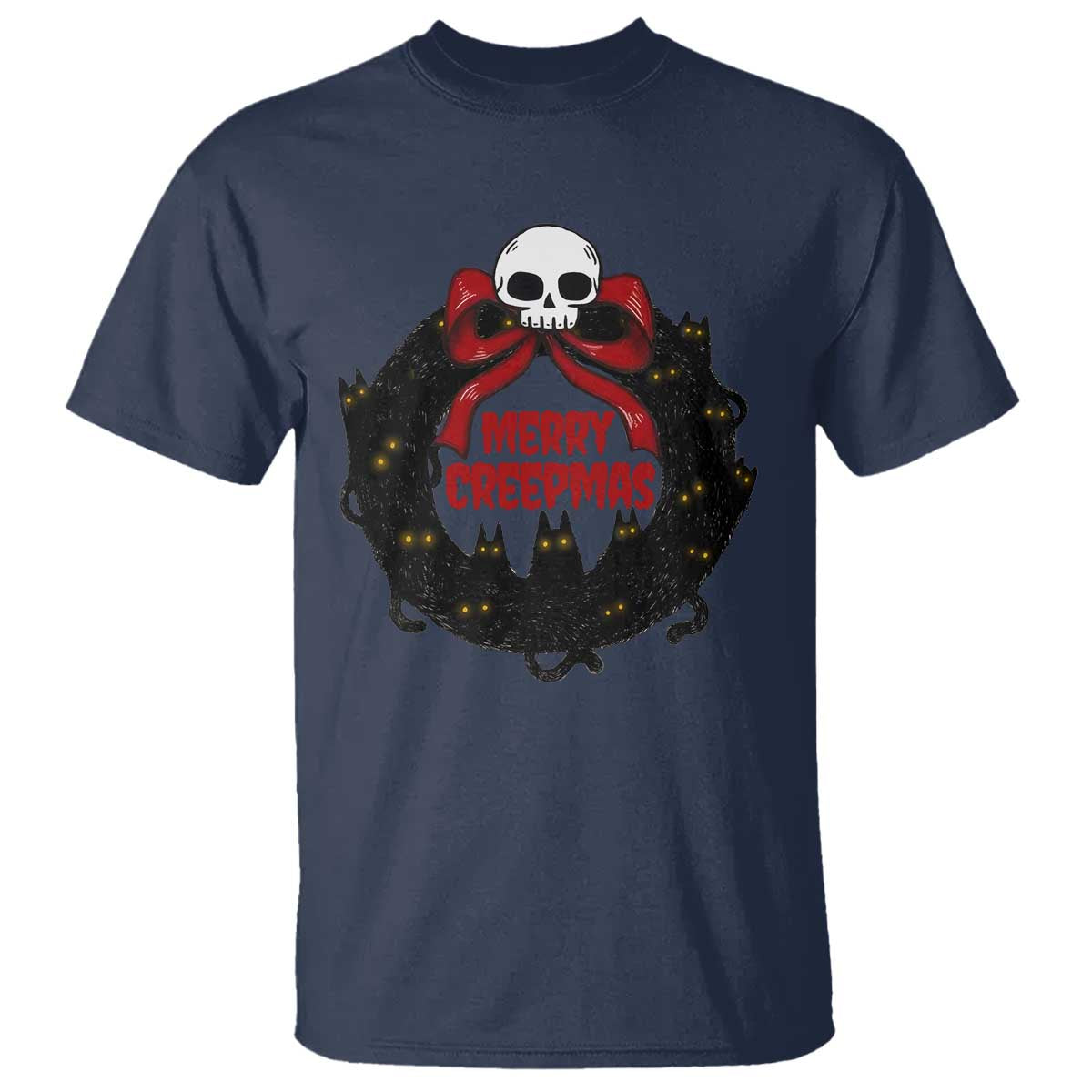 Gothic Christmas T Shirt Merry Creepmas Cat Wreath - Wonder Print Shop