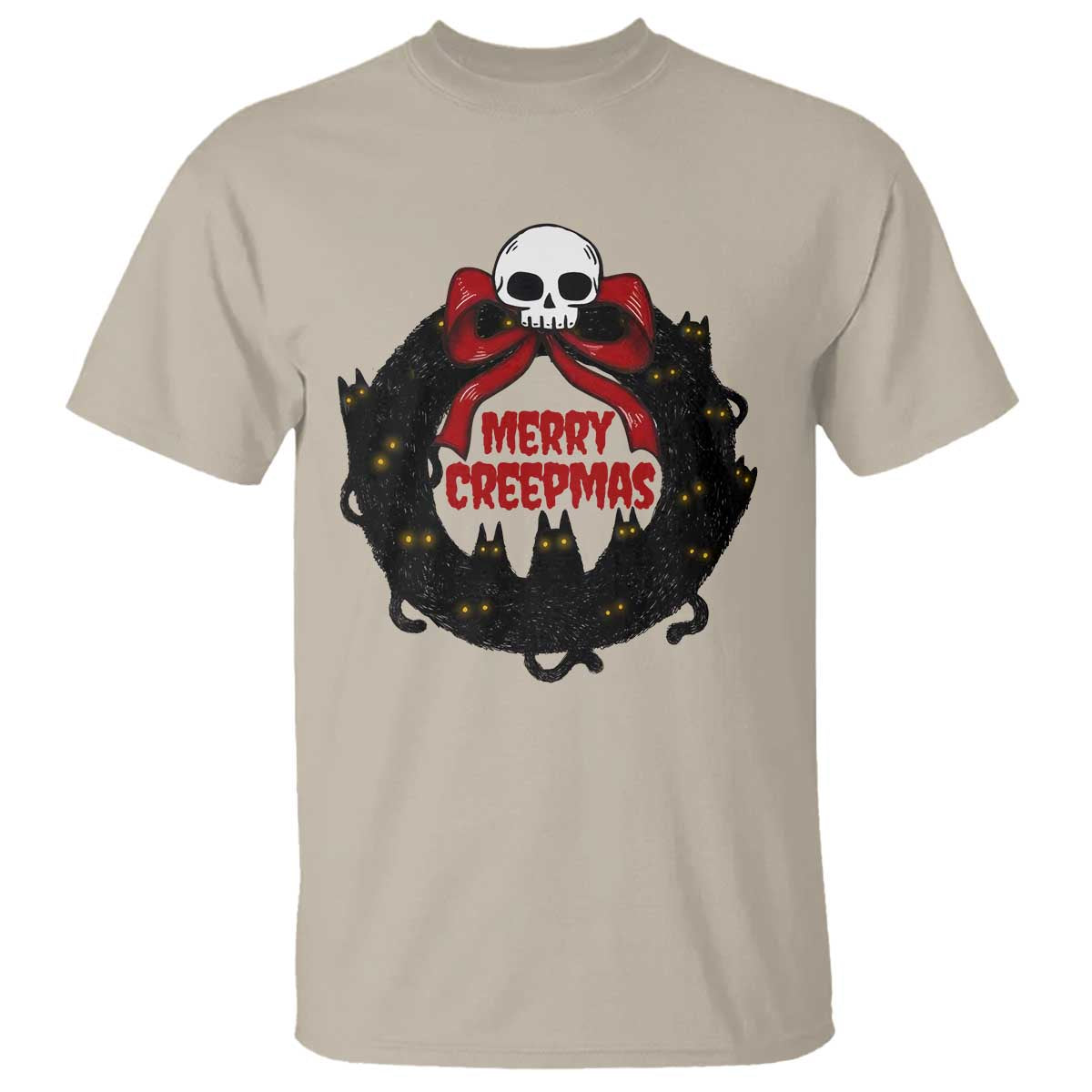Gothic Christmas T Shirt Merry Creepmas Cat Wreath - Wonder Print Shop