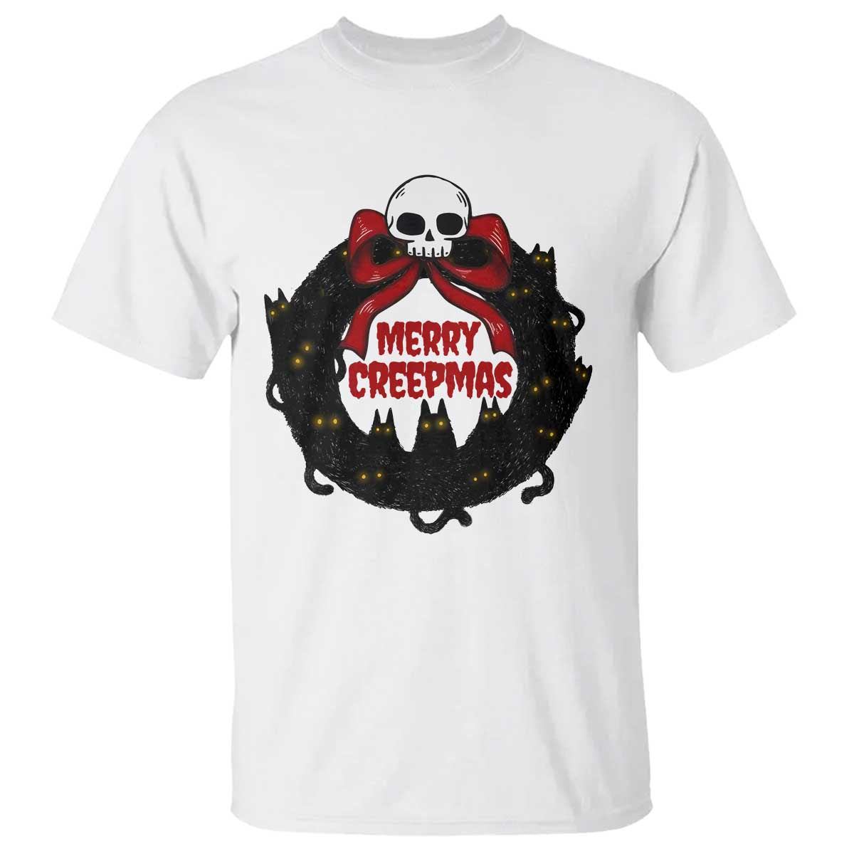 Gothic Christmas T Shirt Merry Creepmas Cat Wreath - Wonder Print Shop