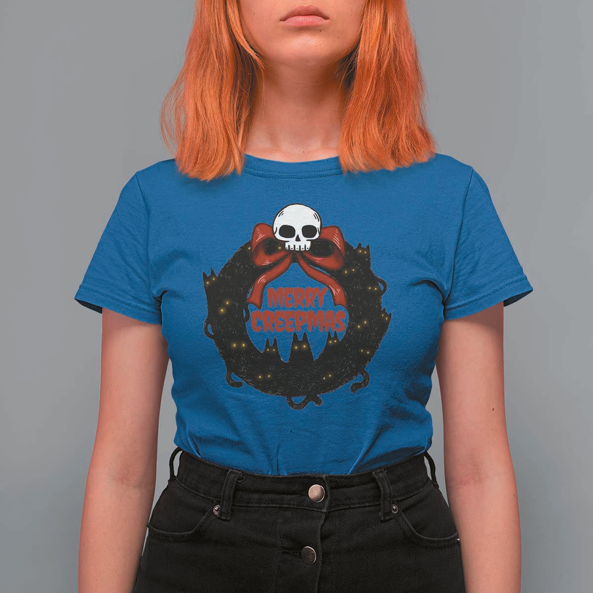 Gothic Christmas T Shirt For Women Merry Creepmas Cat Wreath - Wonder Print Shop