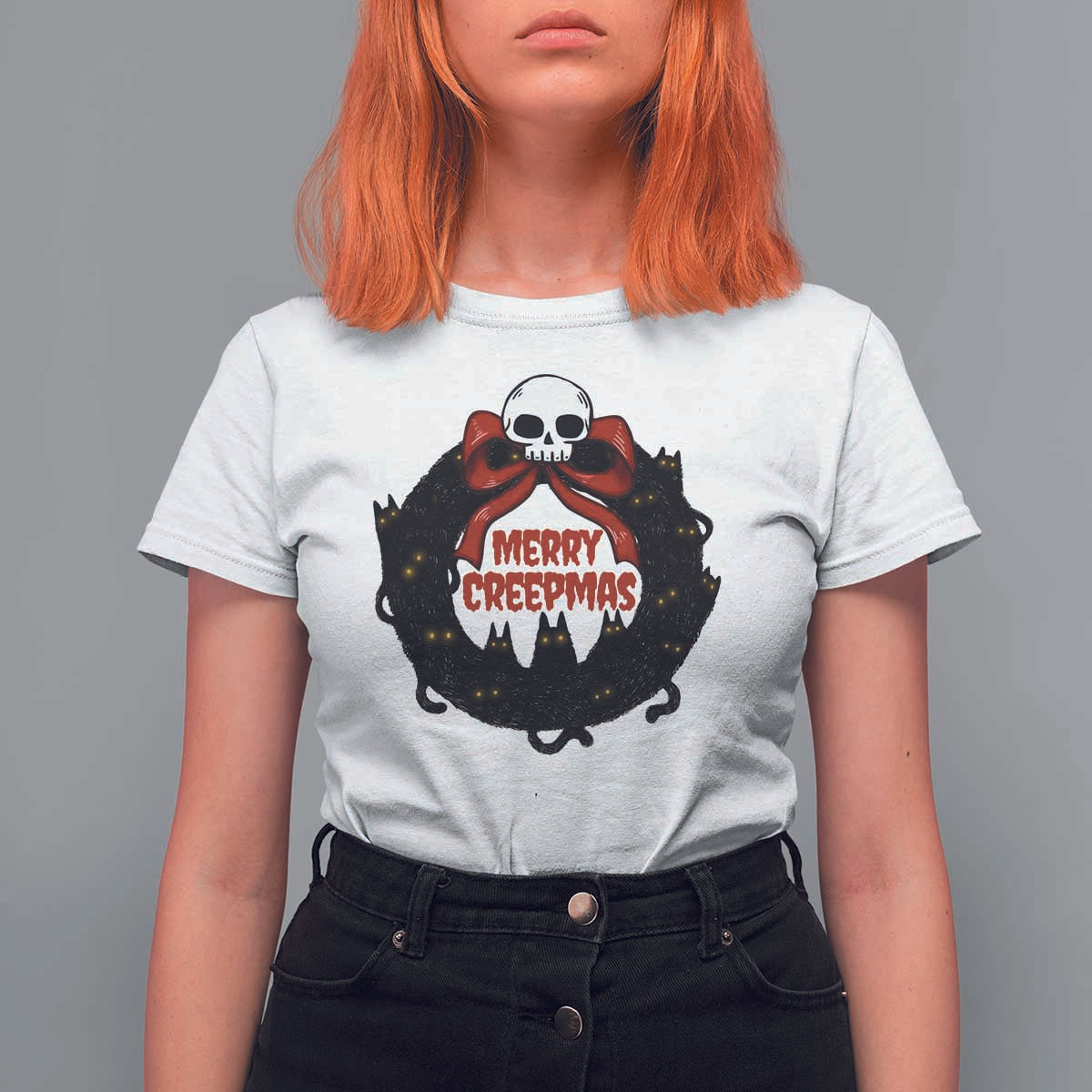 Gothic Christmas T Shirt For Women Merry Creepmas Cat Wreath - Wonder Print Shop