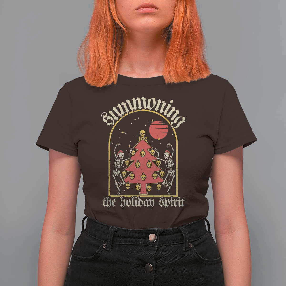 Gothic Xmas T Shirt For Women Summoning Holiday Spirit Skeleton Christmas Tree - Wonder Print Shop