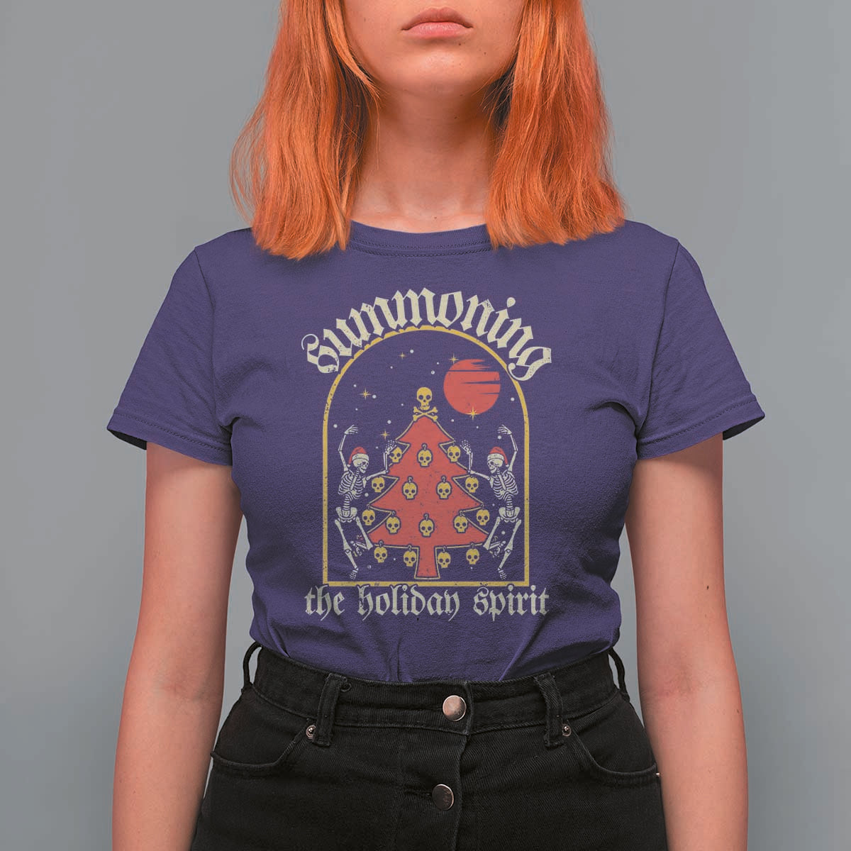 Gothic Xmas T Shirt For Women Summoning Holiday Spirit Skeleton Christmas Tree - Wonder Print Shop
