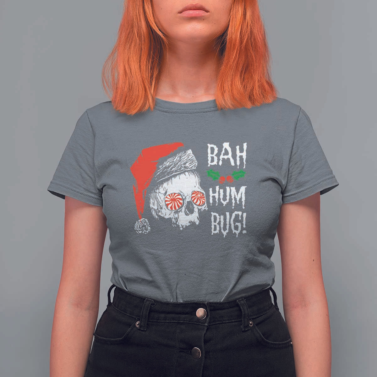 Christmas Bah Humbug Skull Santa Hat T Shirt For Women - Wonder Print Shop