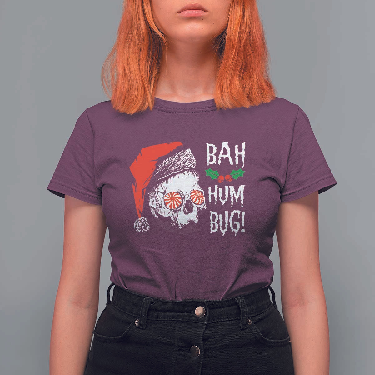Christmas Bah Humbug Skull Santa Hat T Shirt For Women - Wonder Print Shop