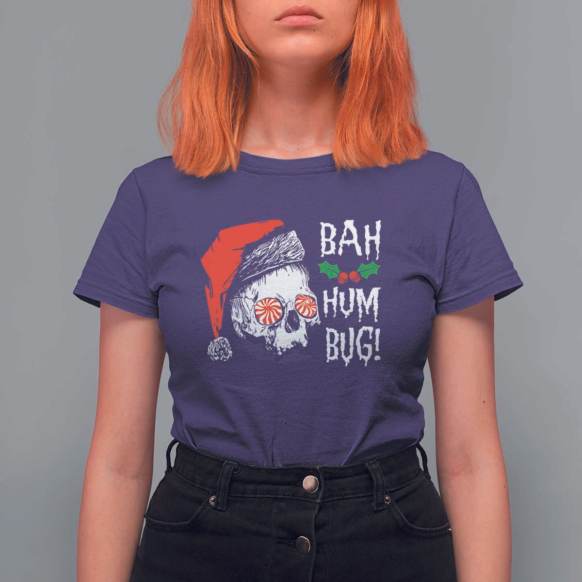 Christmas Bah Humbug Skull Santa Hat T Shirt For Women - Wonder Print Shop